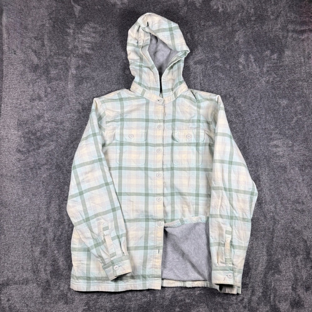 LL Bean Womens Plaid Hooded Flannel Shirt Jacket Fleece Lined Green M 296823